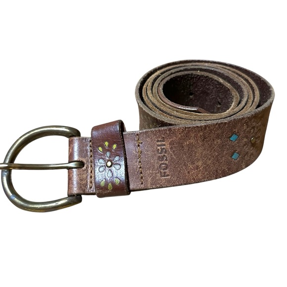 Fossil Womens Size Large Belt Tooled Leather Western Boho Brown 43” - Picture 2 of 10